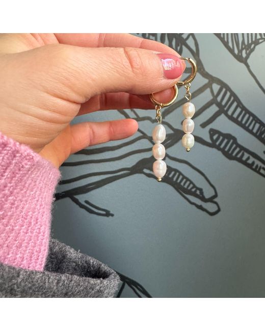 My Little Nature Metallic Dangle Freshwater Pearls Earrings With Three Pearls And Plated Hoops