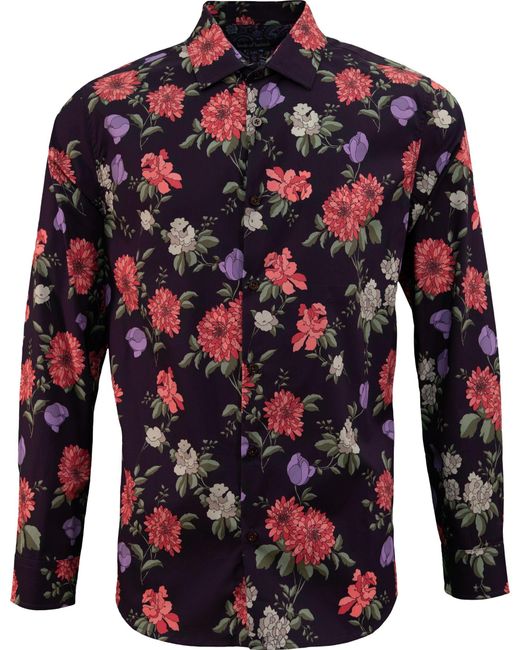 Lords of Harlech Red Floral Cotton Stretch Button-Down Shirt for men