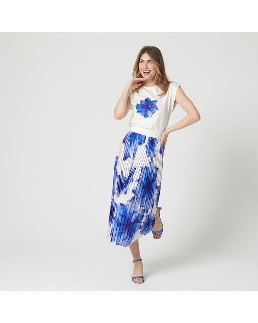 Lalipop Design Blue Floral-Print Elasticated-Waist Pleated Recycled Fabric Maxi Skirt