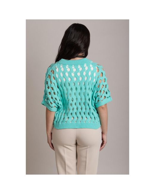 Saachi Blue Knit Cut-Out Collared Aqua Shirt
