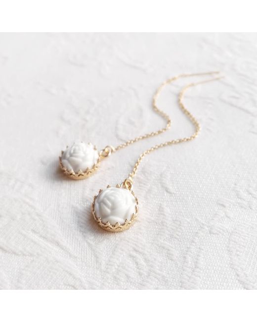 POPORCELAIN Metallic Mini Porcelain Rose With Filled Chain Earrings