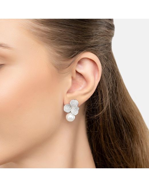 Latelita London Metallic Iris Flower And Pearl Dangle Earrings