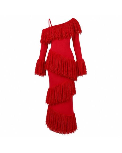 Ofuure Red Igho Sequin Fringe Maxi Dress