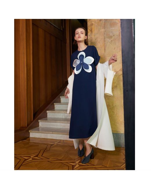 Julia Allert Blue Silky Touch Midi Dark Dress With Handmade Floral Appliqué
