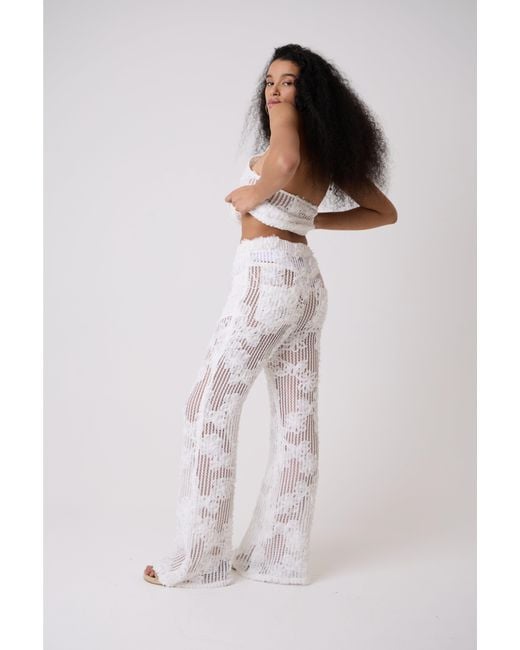 Amy Lynn White Cici Crochet Floral Lace Wide Leg Trouser