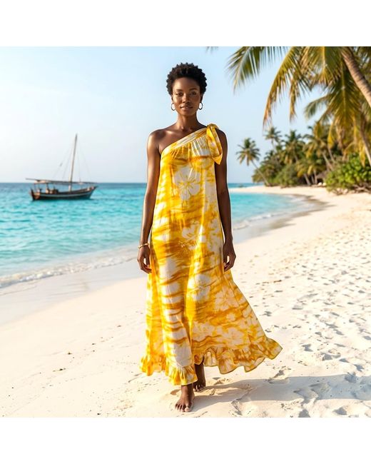 Nyny Ryke Yellow Wilma, One-Shoulder Batik Maxi Dress Floral Summer Dress