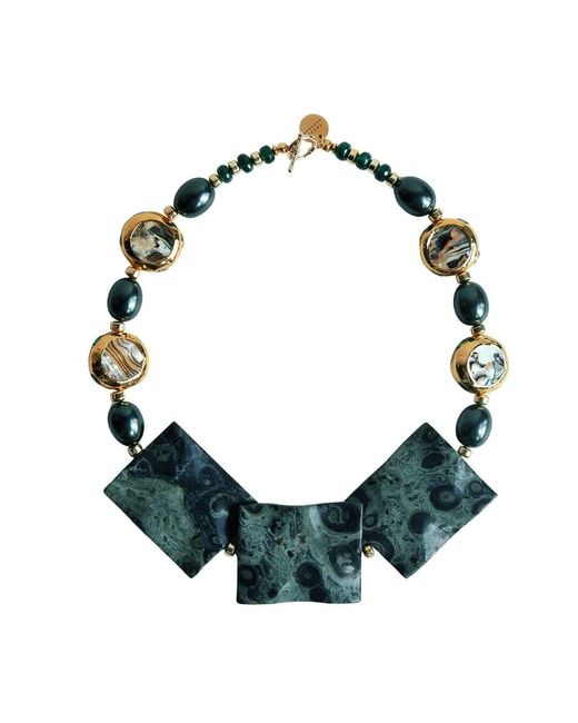 Edgar Navarro Jewelry Green Kambaba Jasper Necklace With Mother Of Pearl Beads & Pearls