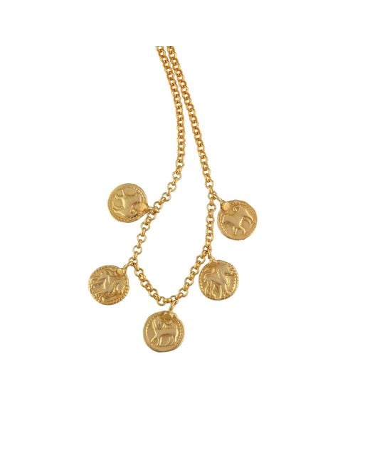 Opium Jewels Metallic Vintage Charm Necklace With Plated Shiva Dog & Durga Lion Amulets
