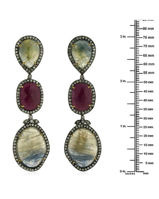 Artisan Green 18k 925 Silver With Rainbow Sapphire & Diamond Three Tier Dangle Earrings