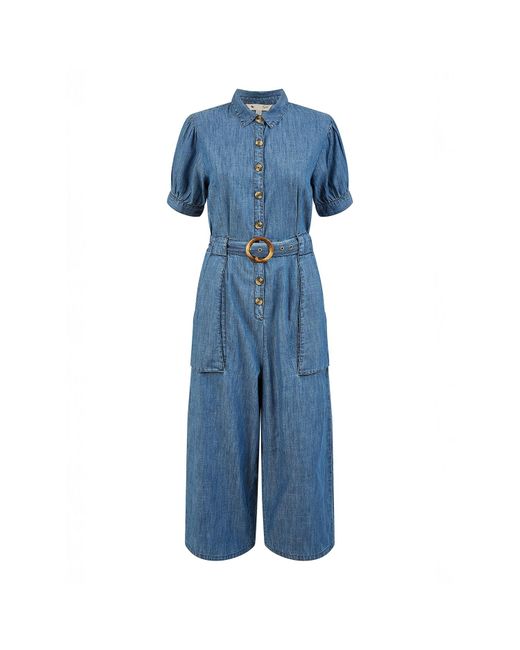 Yumi' Blue Cotton Chambray Button Up Jumpsuit