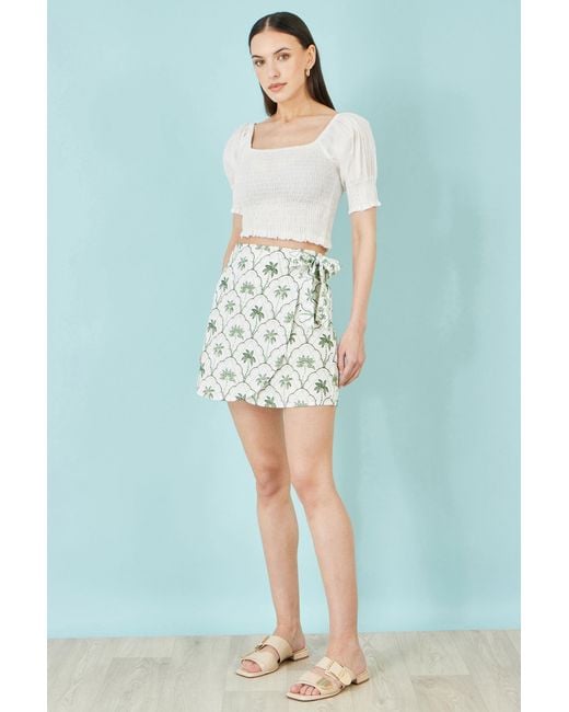Yumi' White Palm Print Cotton Wrap Skirt