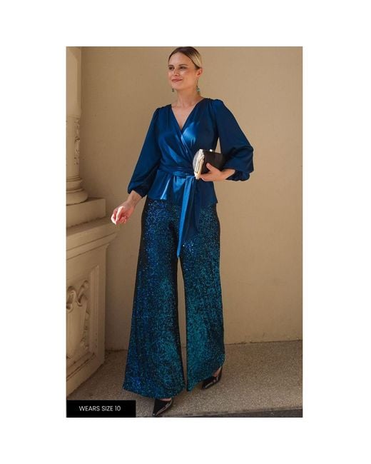 SACHA DRAKE Blue Satin Faux Wrap Top