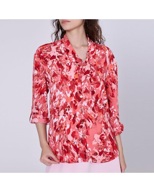 Smart and Joy Red Ascot-Tie Blouse And Abstract Print