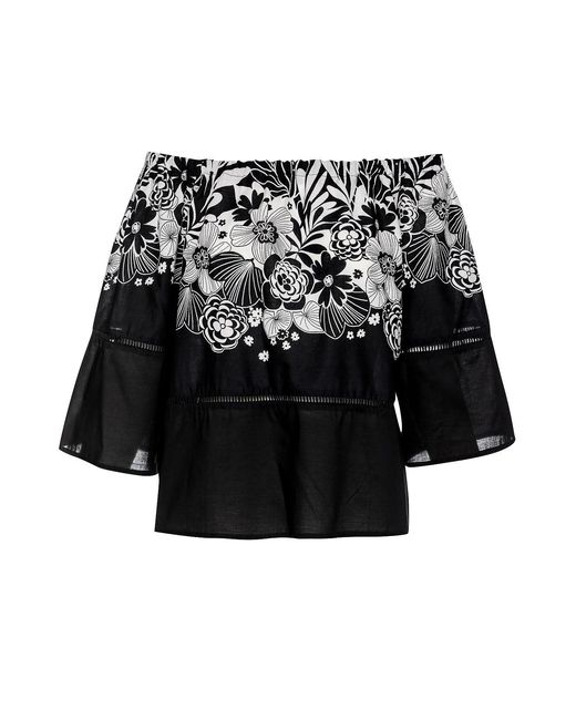 Conquista Black Floral Top With Bell Sleeves
