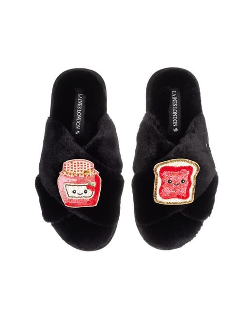 Laines London Black Classic Slippers With Laines Lovables Jam & Toast Brooches