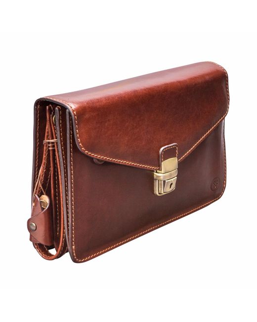 Maxwell Scott Bags Brown The Santino Mens Leather Clutch Bag With Wrist Strap Chestnut Tan for men