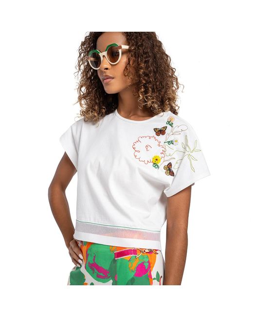 Lalipop Design White Embroidered Cropped Cotton T-Shirt With Hem Detailing