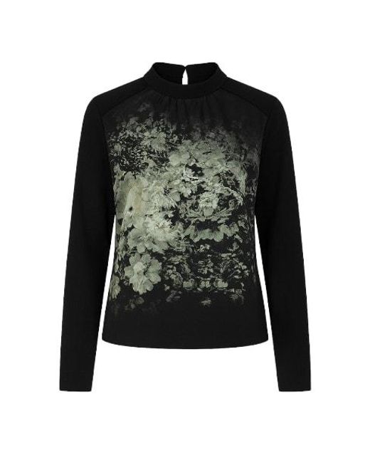 Conquista Black Relaxed Long Sleeve Woven Top With Pleat Detail & Button Fastening