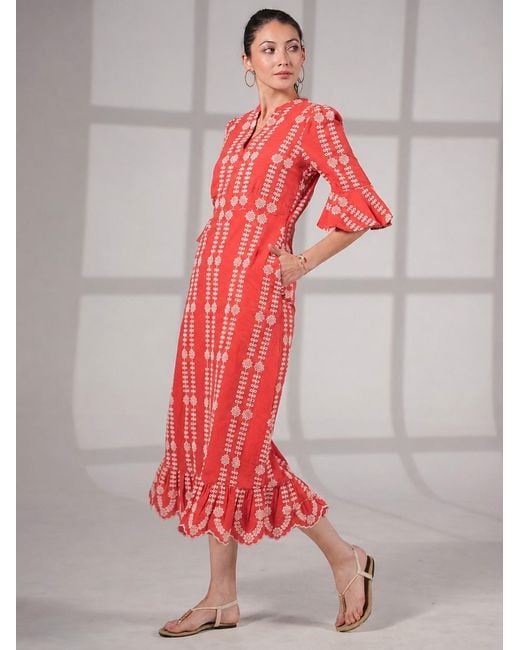 Rose & Nancy Cat Coral Embroidered Midi Dress