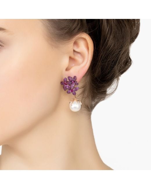 Latelita London Purple Rose Flowers Pearl Earrings Ruby Rosegold