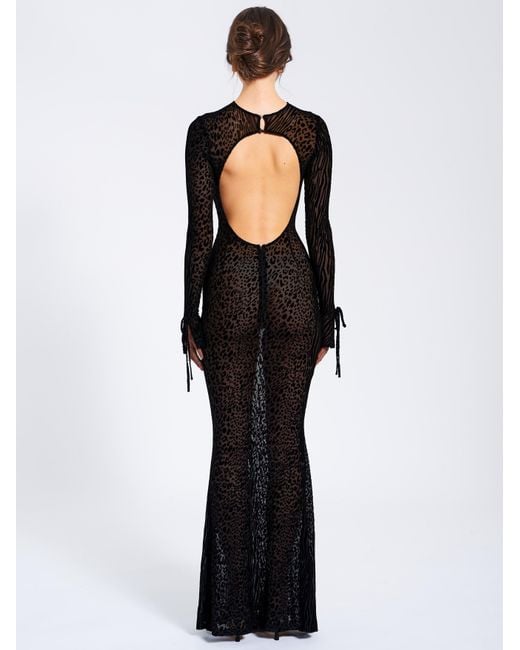 Miss Circle New York Black Waylynn Animal Print Burnout Velvet Detail Mesh Backless Maxi Dress