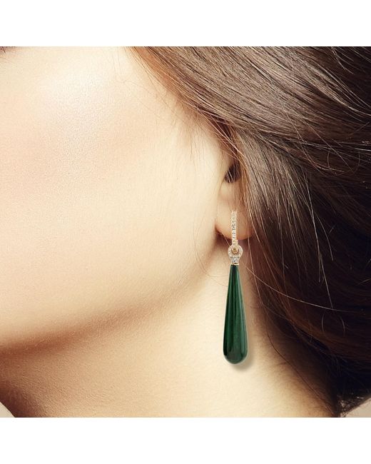 Artisan Green Natural Pave Diamond & Beautiful Malachite Drop Danglers Earrings In 18k Yellow Gold
