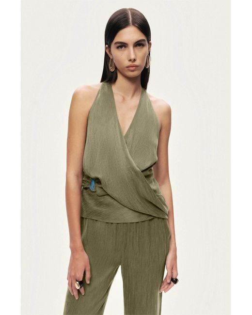 Nocturne Green Neutrals Asymmetric Halter Wrap Top