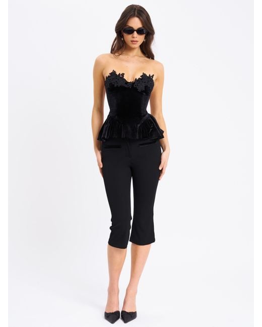 Miss Circle New York Black Qiara Velvet Peplum Top With Lace Trim