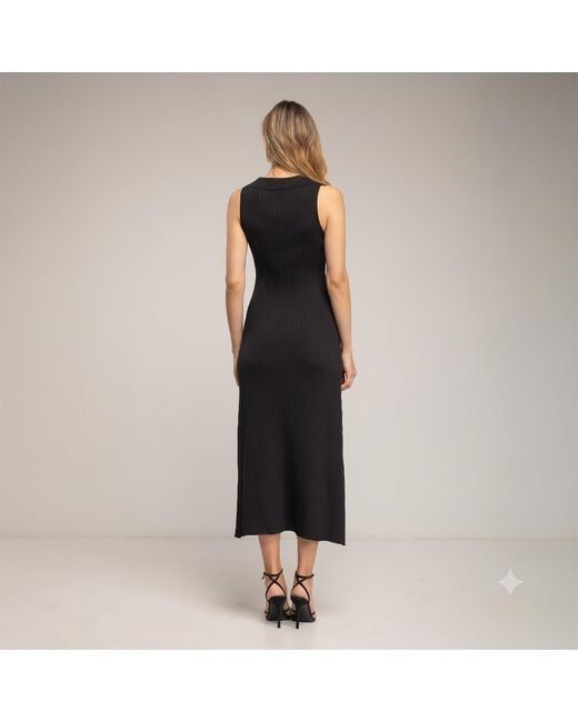 Tantra Spain Sl Black Long Sleeveless Pleated Knit Dress With Buttons, And Topstitching Detail