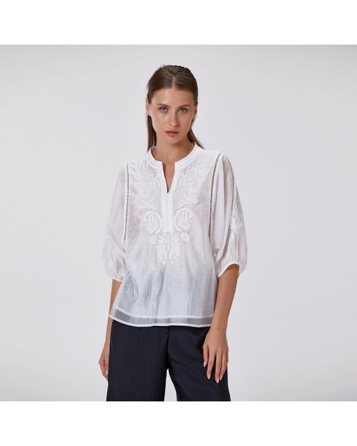 Smart and Joy Orange Embroidered Tencel-Blend Blouse