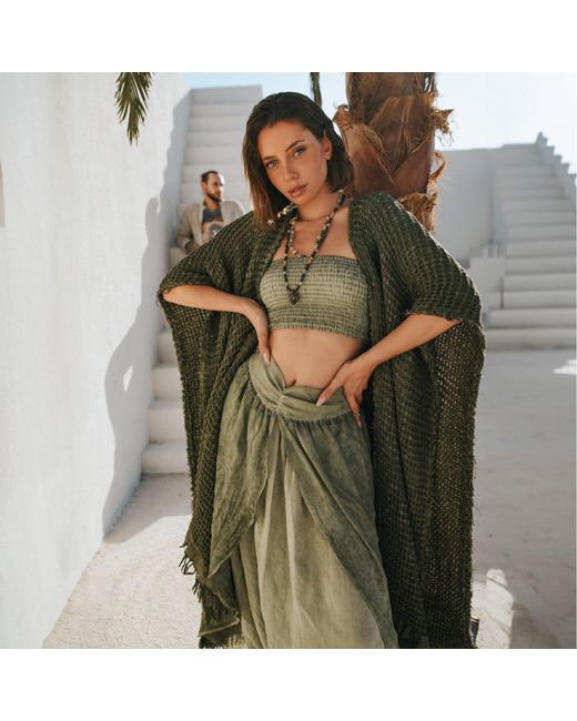 Zhenabia Green Neutrals Waffle Poncho Khaki
