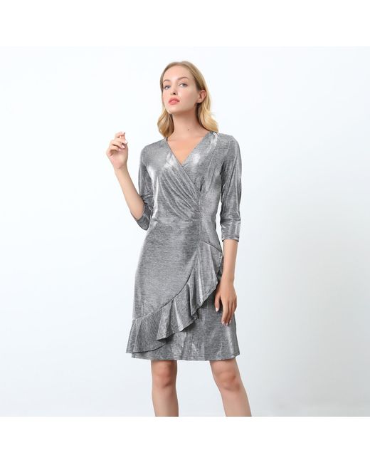 Smart and Joy Gray Cross-Heart Fit-And-Flare Tiered Ruffle Shiny Dress