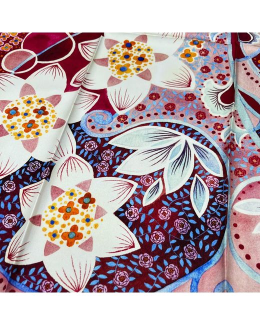 Wenzi Red Rhythms Of Bloom Hand Painted Pattern Double Sided Silk Twill Scarf