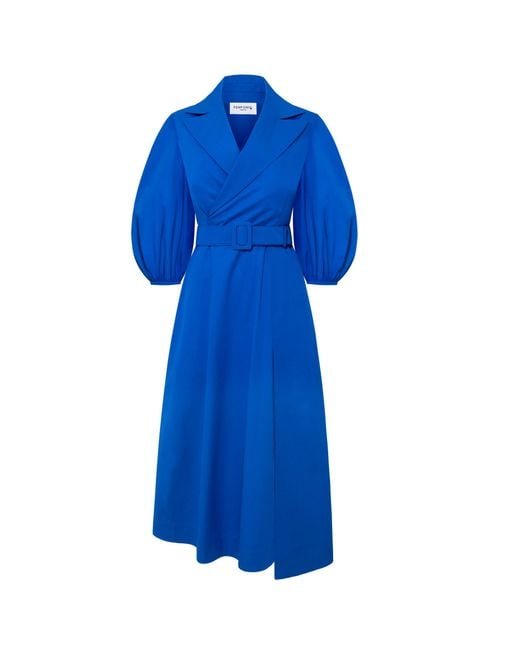 Femponiq Blue 'Wide Lapel Asymmetric Belted Midi Cotton Dress