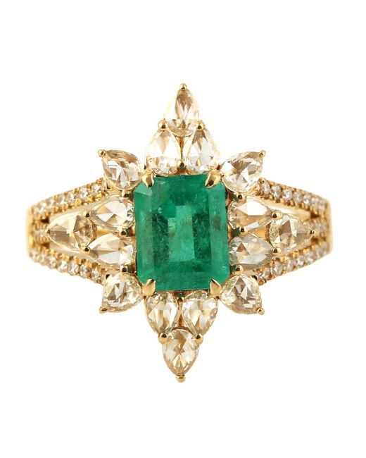 Artisan Metallic Natural Emerald & Diamond Beautiful Cocktail Ring 18k Yellow Gold