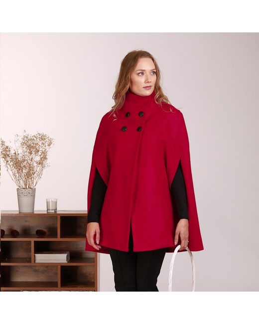 Nikka Place Red Wool Poncho Cloak Coat With Buttons & High Neck