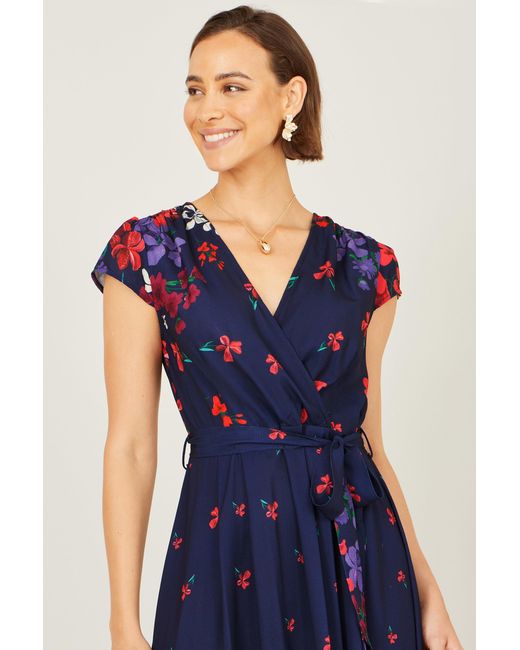 Yumi' Blue Floral Mirror Wrap Dress With Dip Hem
