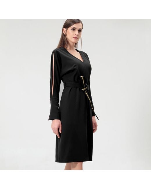 Smart and Joy Black Bat Sleeves And V-Neck Dress