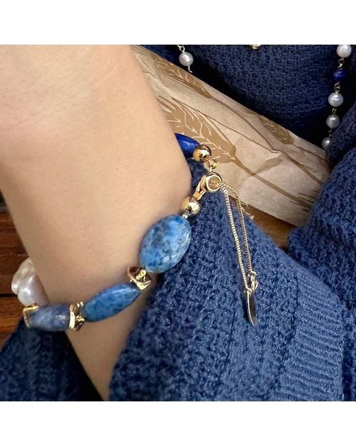 Farra Blue Agate With Baroque Freshwater Pearl Adjustable Bracelet