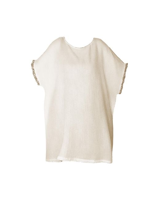 Haris Cotton Natural Loose Fit Textured Cotton Blouse With Lace Trim Ecru