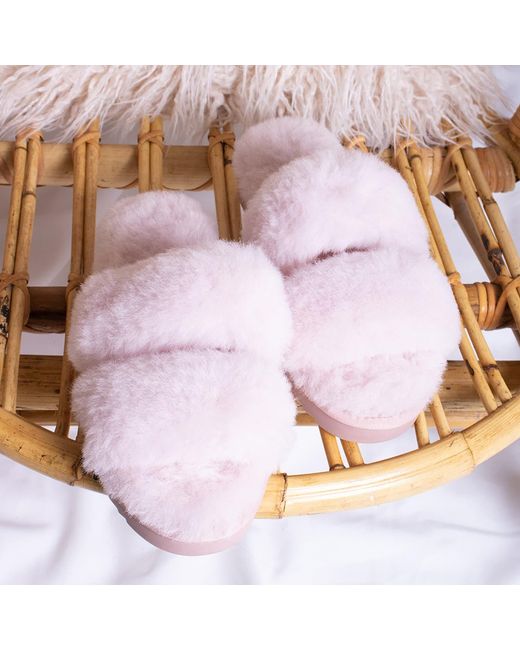 Pretty You London Pink Sheepskin Slider Slipper Jinx In Rose