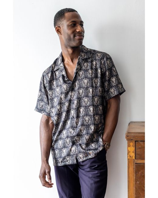 Stovaria Black Twill Silk Shirt – Soft Baroque Bull Print Statement for men