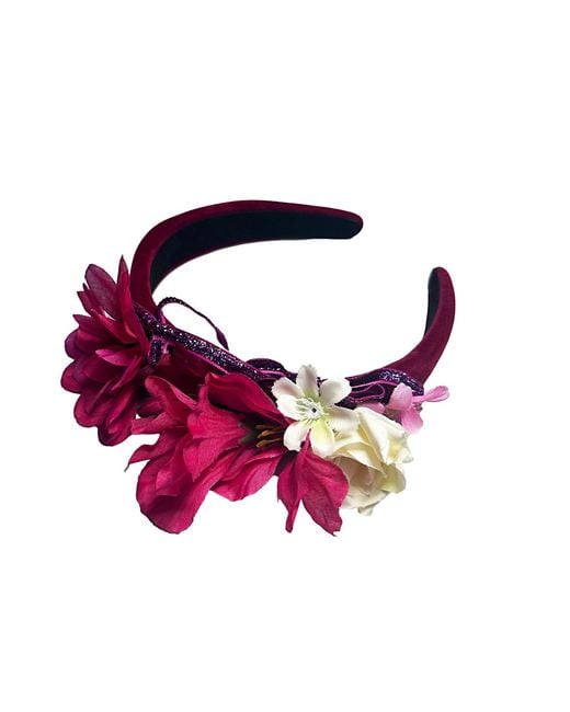 Natalia Petruch Purple Valentina Deep Wine Velvet Flower Headband – Small Faux Flowers With Glitter Ribbon, Handmade Statement Hair Accessory