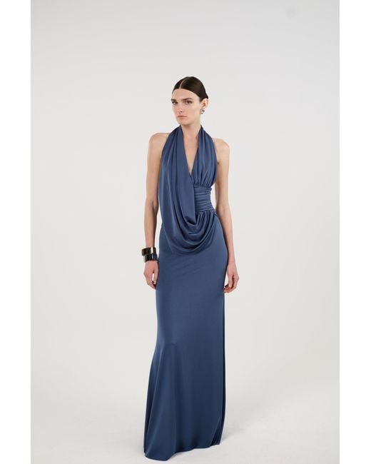 Nocturne Blue Draped Halter Neck Maxi Dress