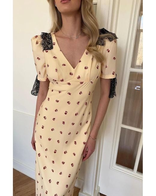 POST MERIDIEM Natural Fitted Lace Midi Dress With Short Sleeves