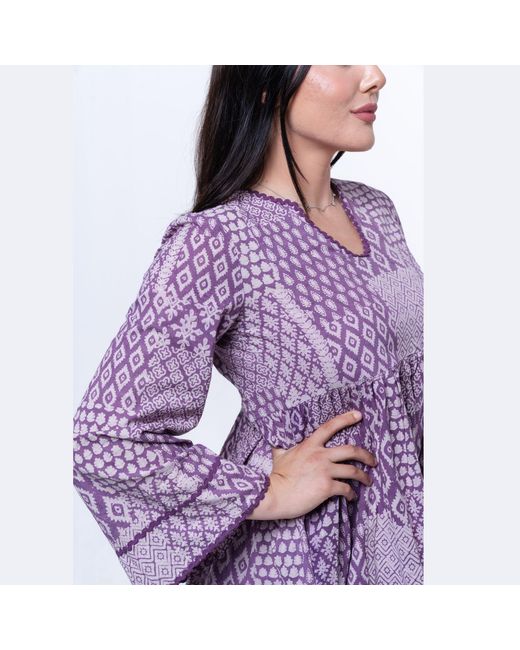 House of Gl Purple Liora Hand-Block Printed Cotton Bell Sleeve Mini Dress With Lace Detail