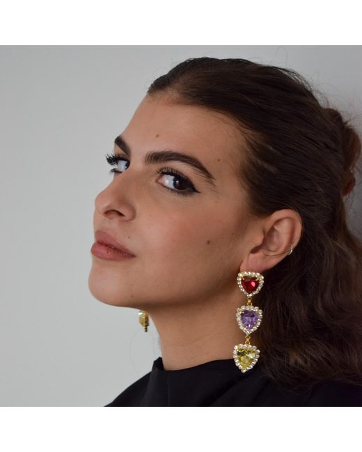 Achala Handcrafted Red Via Dell'Amore Triple Heart Long Earrings