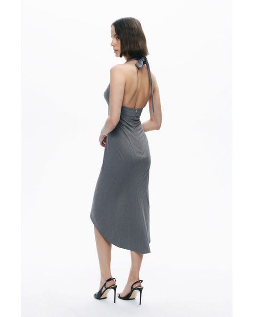 Nocturne Gray Anthracite Tie Neck Asymmetrical Midi Dress