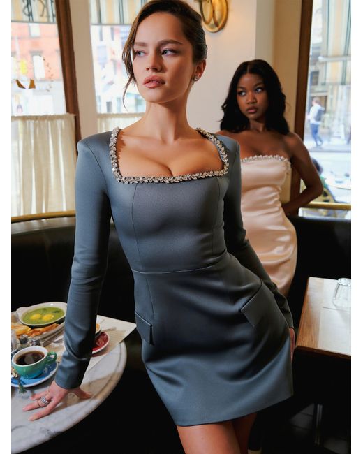 Miss Circle New York Blue Gabella Dark Long Sleeve A-Line Mini Dress With Crystal Trim