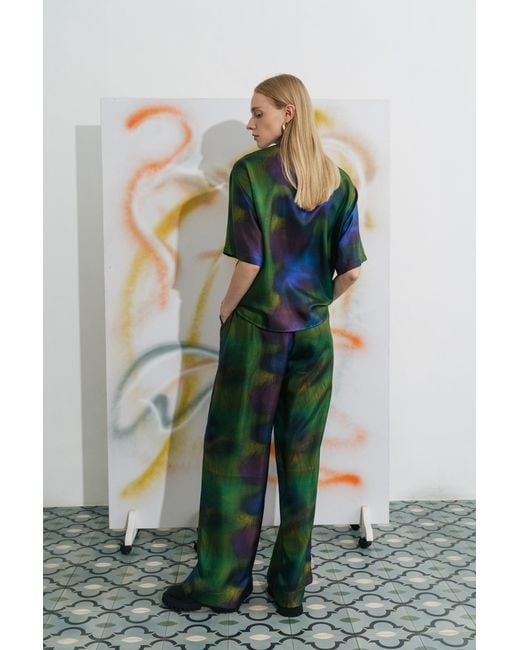 Lost Pattern Green Brooklyn Silk Wide Leg Pants